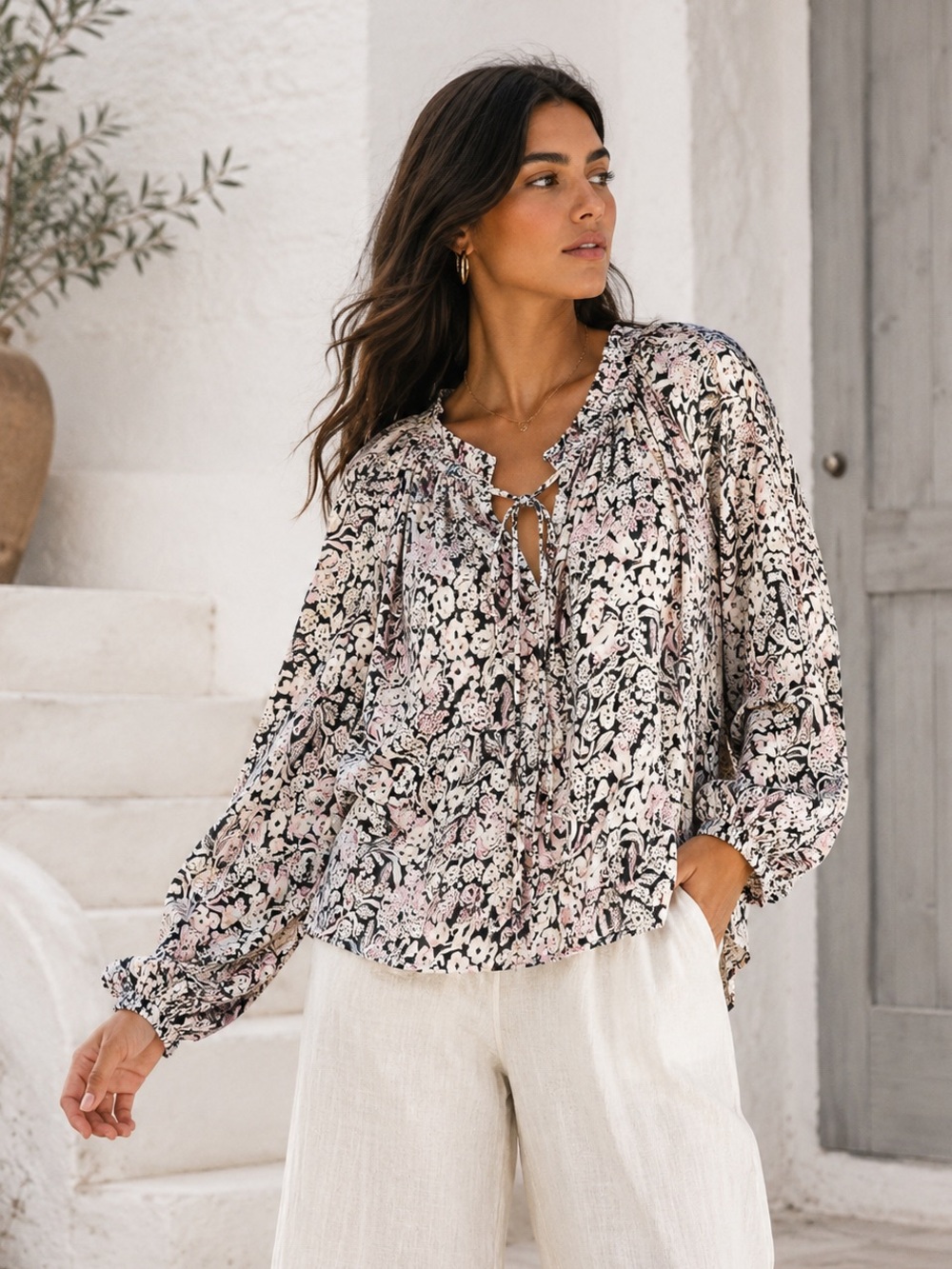 Anthropologie Floral Peasant Blouse in Black and Blush